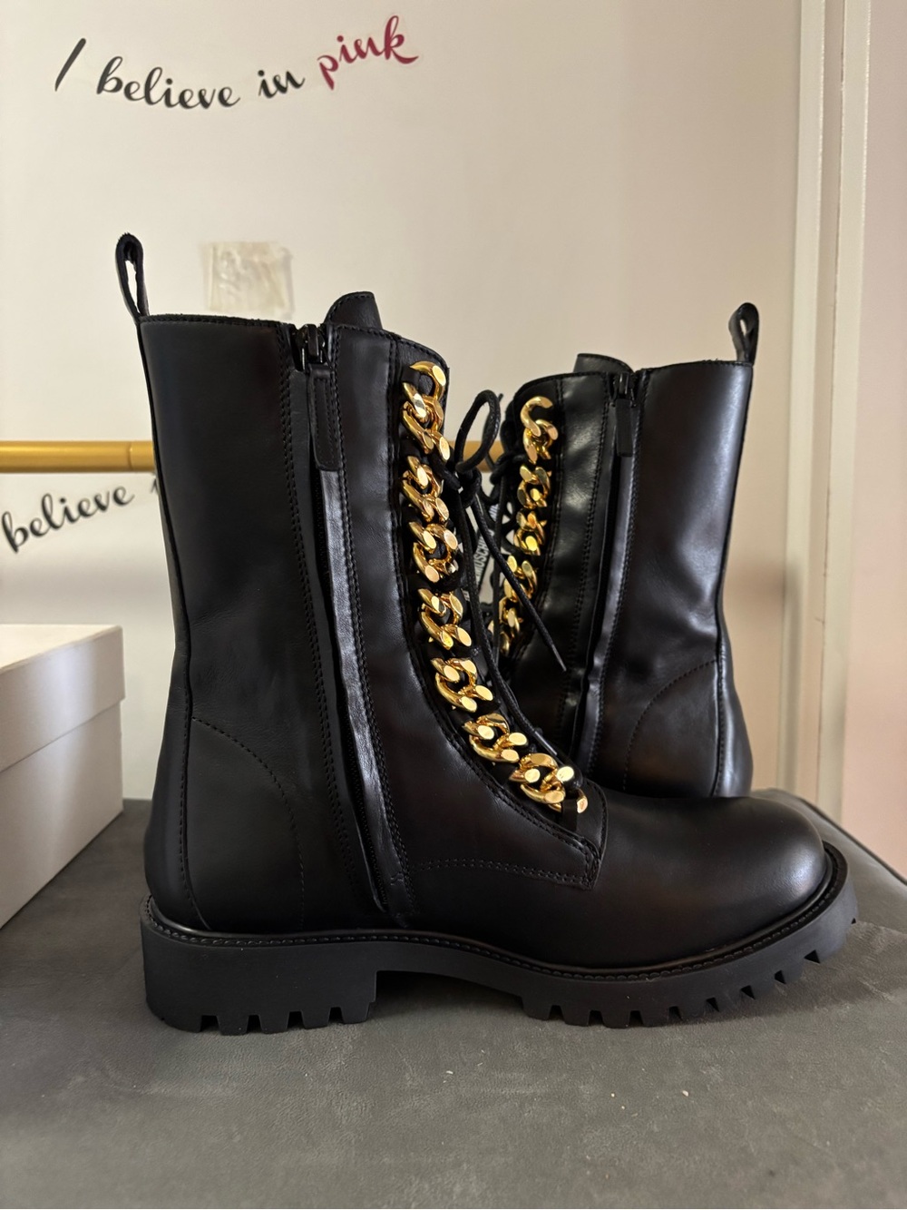 Moschino Black Leather Lace-Up Boots with Gold Chain Trim - Picture 4 of 10